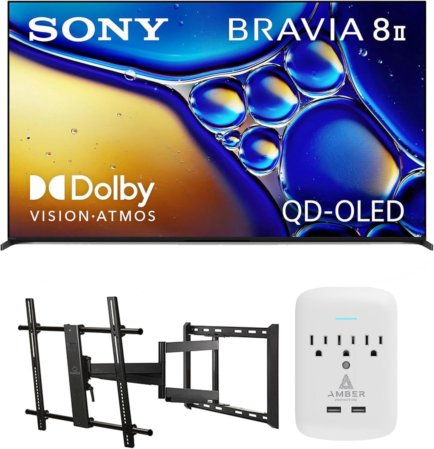 Sony K55XR80M2 55 Inch Bravia 8 QD-OLED 4K HDR Google TV with a Walts Large/Extra Large Full Motion Mount for 43"-90" TVs and Amber Protection 3-OUTLET-SURGE Surge Protector (2025)