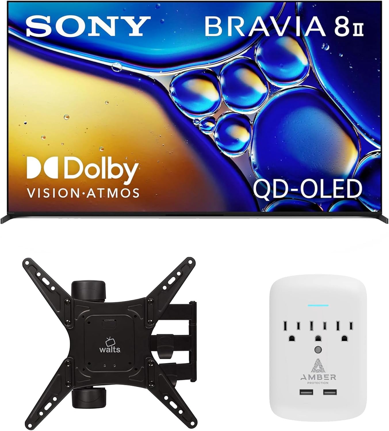 Sony K55XR80M2 55 Inch Bravia 8 QD-OLED 4K HDR Google TV with a Walts Medium Full Motion Mount for 32"-65" TVs and Amber Protection 3-OUTLET-SURGE Surge Protector (2025)