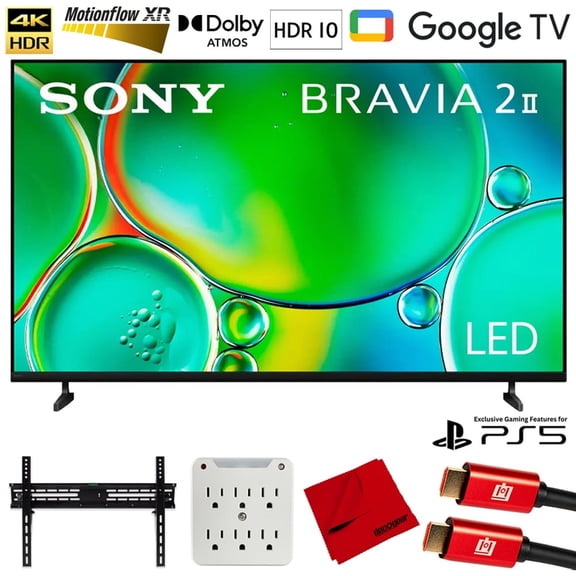 Sony K65S20M2 BRAVIA 2 II 65 inch 4K HDR Smart LED Google TV (2025) Bundle with Deco Mount 37" - 70" TV Wall Mount Bracket, 4K HDMI Cable, 6-Outlet Surge Adapter with Night Light and Microfiber Cloth