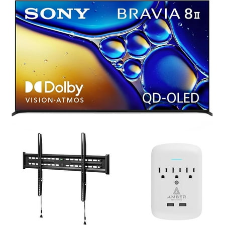 Sony K65XR80M2 65 Inch Bravia 8 QD-OLED 4K HDR Google TV with a Walts FIXED-MOUNT-43-90 TV Mount for 43"-98" TVs and Amber Protection 3-OUTLET-SURGE Surge Protector (2025)