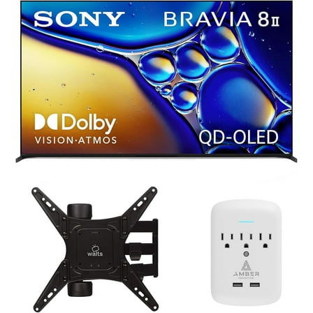 Sony K65XR80M2 65 Inch Bravia 8 QD-OLED 4K HDR Google TV with a Walts Medium Full Motion Mount for 32"-65" TVs and Amber Protection 3-OUTLET-SURGE Surge Protector (2025)