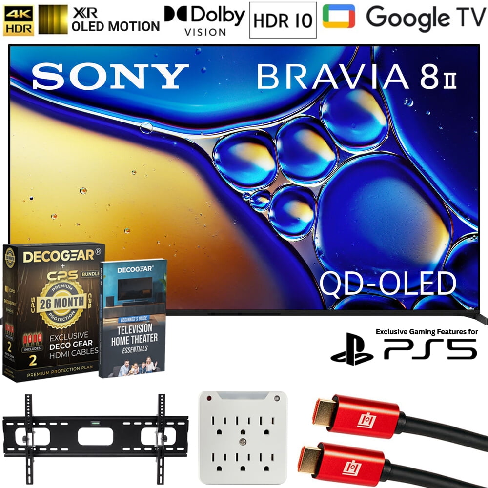 Sony K65XR80M2 BRAVIA 8 II 65" QD-OLED 4K HDR TV (2025) Bundle with CPS Exclusive 26 Month Protection, Wall Mount, 2x HDMI Cables, Surge Adapter & Deco Gear Complete Home Theater Beginner's Guidebook