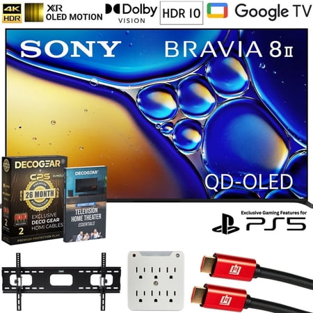 Sony K65XR80M2 BRAVIA 8 II 65" QD-OLED 4K HDR TV (2025) Bundle with CPS Exclusive 26 Month Protection, Wall Mount, 2x HDMI Cables, Surge Adapter & Deco Gear Complete Home Theater Beginner's Guidebook