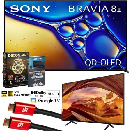 Sony K65XR80M2 BRAVIA 8 II 65" QD-OLED 4K HDR TV (2025) Bundle with KD55X77L 55" 4K HDR LED Smart TV, CPS 26 Month Protection, 2x HDMI Cables & Deco Gear Complete Home Theater Beginner's Guidebook