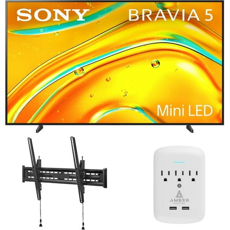 Sony K98XR50 98 Inch Bravia Mini LED 4K HDR Google TV with a Walts TILT-MOUNT-43-90 Large/XL Tilt Mount for 43"-98" TVs and Amber Protection 3-OUTLET-SURGE Surge Protector (2025)