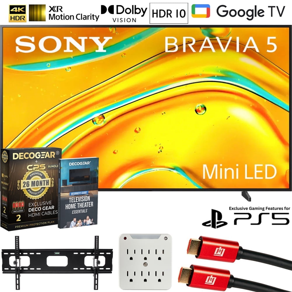 Sony K98XR50 BRAVIA 5 98" Mini LED 4K HDR TV (2025) Bundle with CPS Exclusive 26 Month Protection, Wall Mount, 2x HDMI Cables, Surge Adapter & Deco Gear Complete Home Theater Beginner's Guidebook