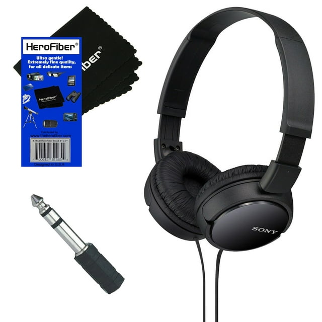 Sony MDR-ZX110 ZX Series Stereo Wired Headphones (Black) with 3.5mm Mini Plug to 1/4 inch Headphone Adapter & HeroFiber® Ultra Gentle Cleaning Cloth. Earphones /Audifonos /Headset /Head Phones /Sport