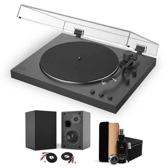 Sony PS-LX3BT Fully Automatic Two-Speed Belt Drive Turntable - Bluetooth & RCA Vinyl Record Player with 4-Inch Deep Bass Powered Bookshelf Speaker (Pair) & Premium Vinyl Record Cleaner Kit, Bundle