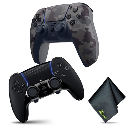 Sony PS5 DualSense Edge Wireless Controller - BLACK + Sony PS5 DualSense Wireless Controller V2 (2024 Model)- Grey Camo + Microfiber Cleaning Cloth