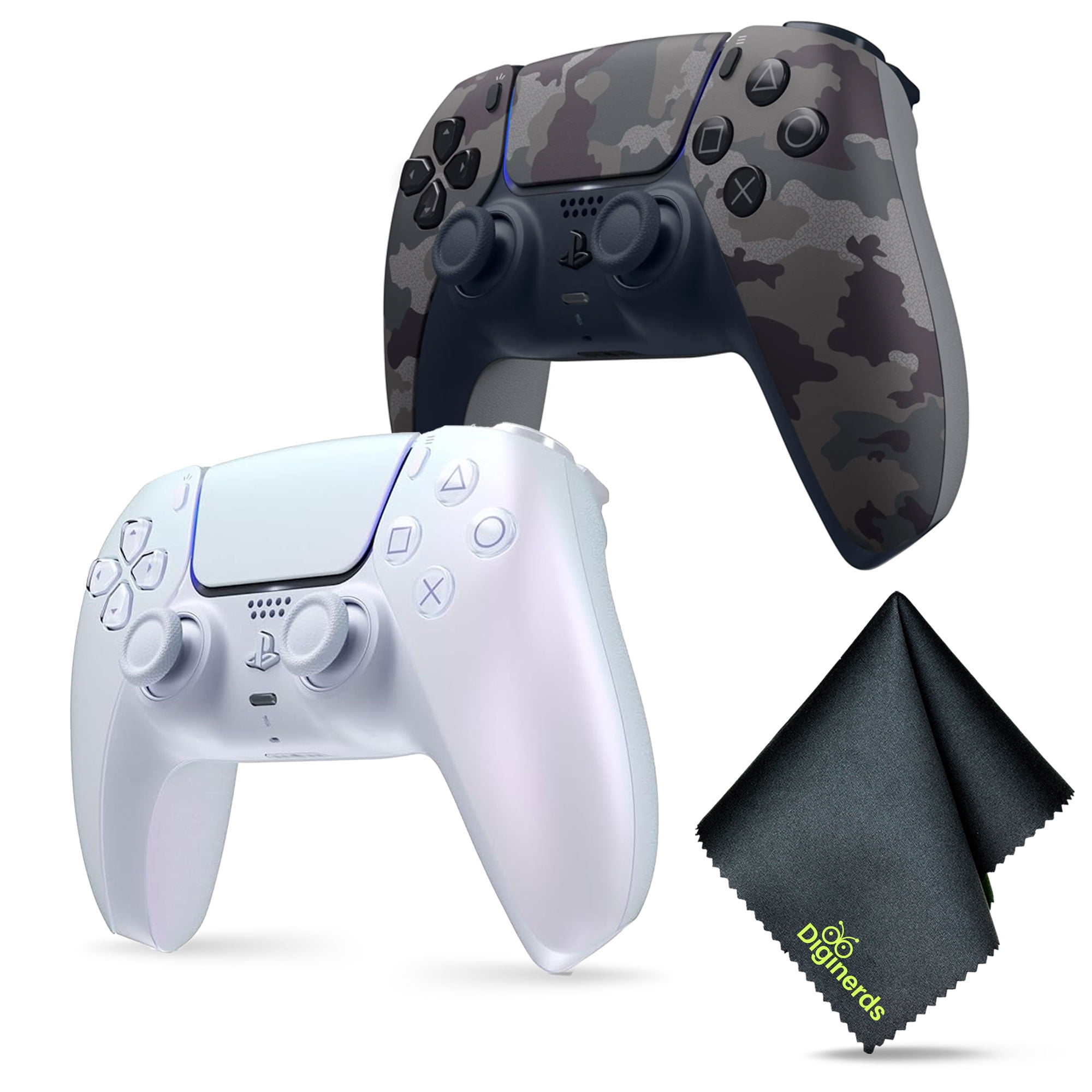 Sony PS5 DualSense Wireless Controller - Chroma Pearl + Sony PS5 DualSense Wireless Controller V2 (2024 Model)- Grey Camo + Microfiber Cleaning Cloth