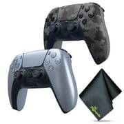 Sony PS5 DualSense Wireless Controller - Silver (Limited Edition) + Sony PS5 DualSense Wireless Controller V2 (2024 Model)- Grey Camo + Microfiber Cleaning Cloth