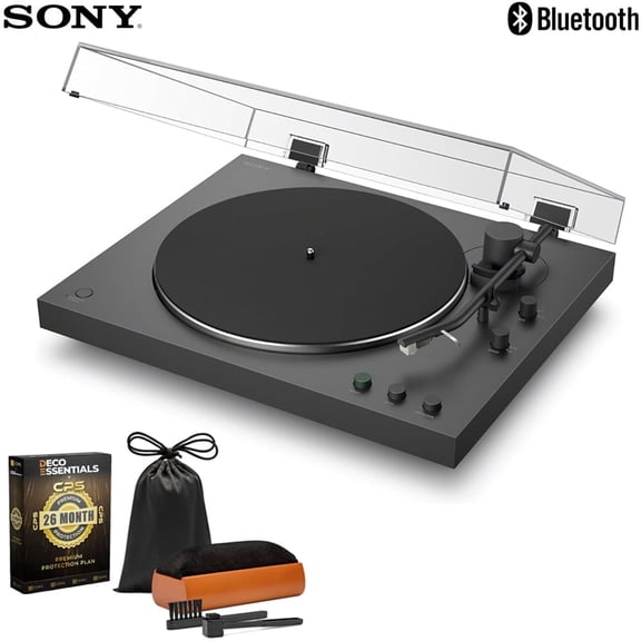 Sony PSLX3BT Full Auto Playback Turntable with Bluetooth Connectivity Black Bundle with Deco Gear Vinyl Record Cleaning Kit and Deco Essentials 2YR CPS Enhanced Protection Pack