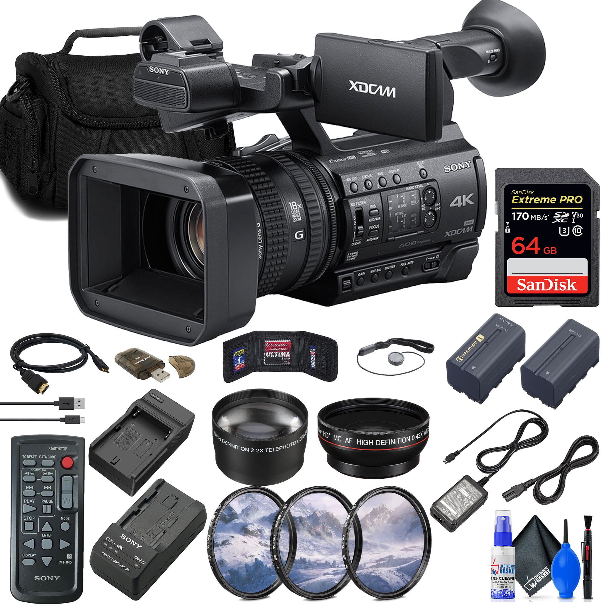 Sony PXWZ150 4K XDCAM Camcorder + 64GB Card + Filter Kit + Wide Angle Lens + More