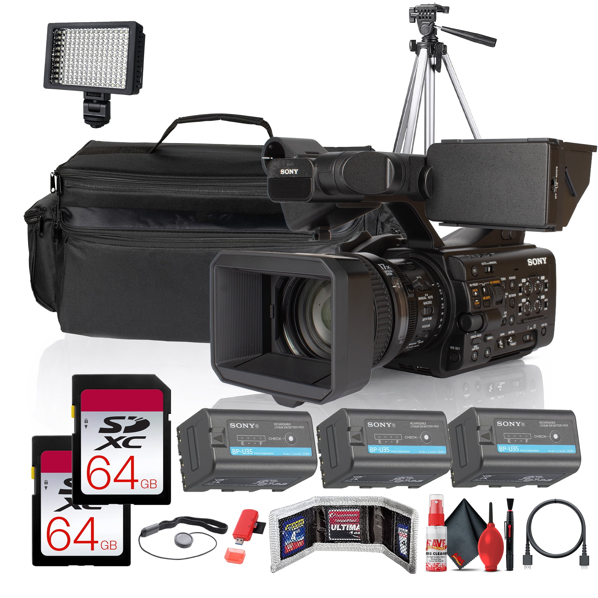 Sony PXW-Z300 Broadcast Shoulder Camcorder, 3-CMOS Professional Video Camera with 17x Zoom Lens + 3×BP-U35 Batteries + 2×64GB Memory Cards + Large Carry Case + LED Light + More(International Model)