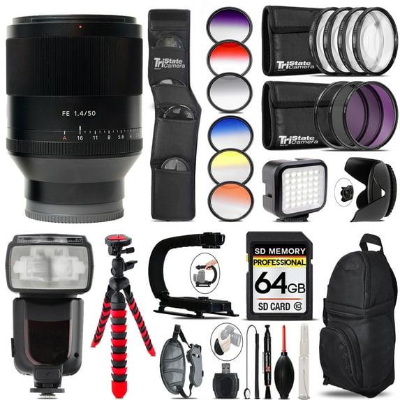 Sony Planar T* FE 50mm f/1.4 ZA Lens + LED Light - 64GB Accessory Bundle (International Version)