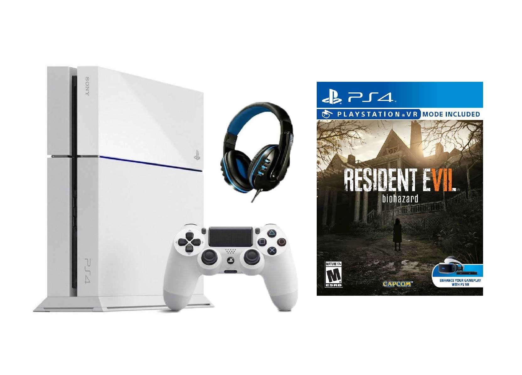 New PlayStation Evil Gaming White 7 with AXTION 500GB Resident BOLT Console Sony 4 Bundle Like
