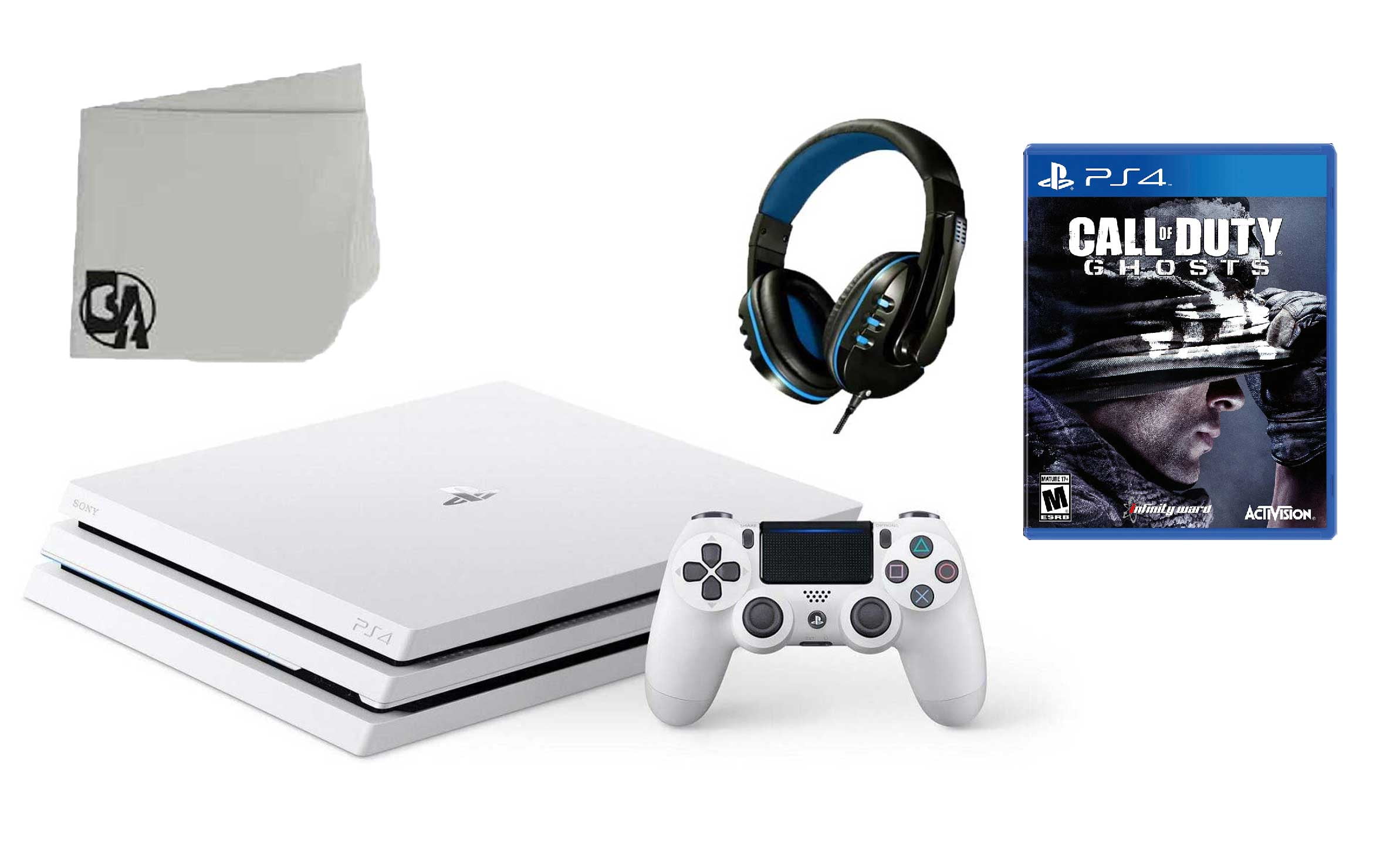 Sony PlayStation 4 Pro Glacier 1TB Gaming Consol White 2 Controller  Included with Call of Duty Ghosts BOLT AXTION Bundle Like New 