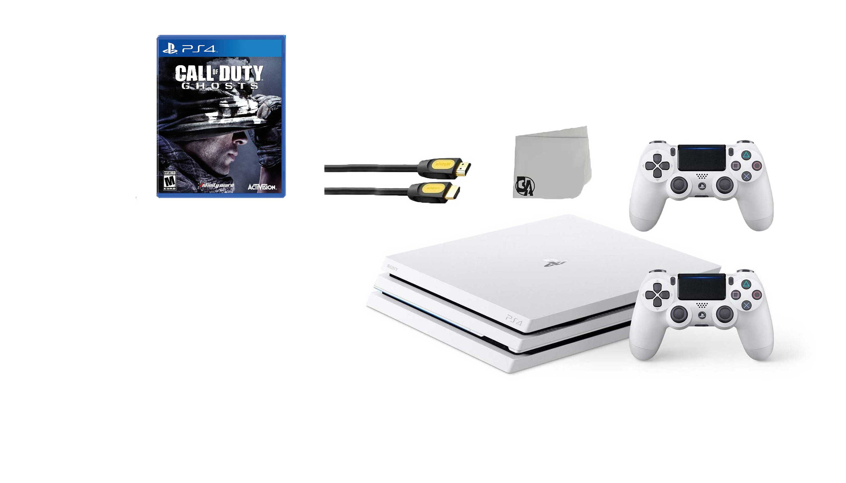 Sony PlayStation 4 Pro Glacier 1TB Gaming Consol White 2 Controller  Included with Call of Duty Ghosts BOLT AXTION Bundle Like New 