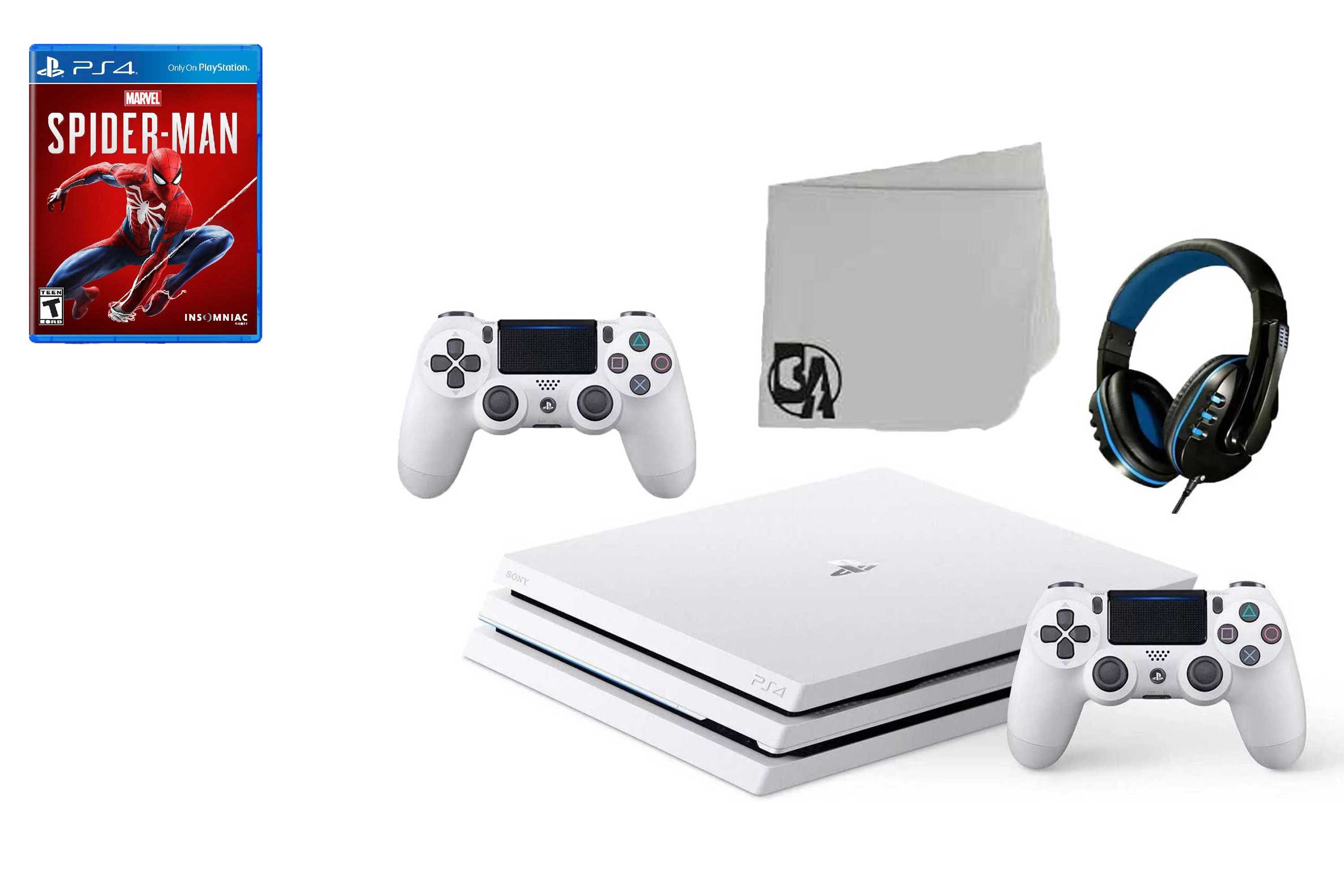 Sony PlayStation 4 Pro Glacier 1TB Gaming Consol White 2 Controller  Included with Spider-Man BOLT AXTION Bundle Like New