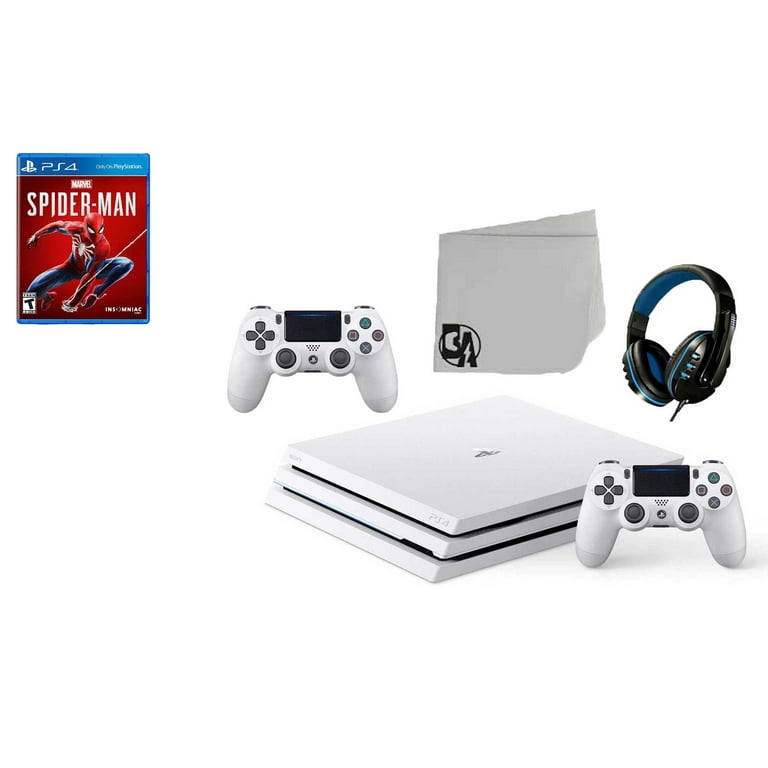 Sony PlayStation 4 Pro Glacier 1TB Gaming Consol White 2 Controller  Included with Spider-Man BOLT AXTION Bundle Like New