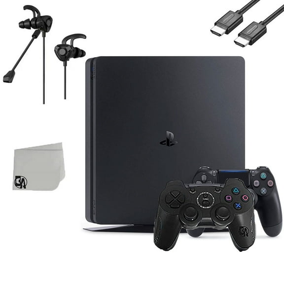 Pre-Owned Sony PlayStation 4 Slim 1TB Black Gaming Console With 2 Controller + G9 Earbuds With Microphone BOLT AXTION Bundle Used