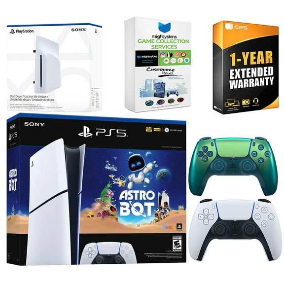 Sony PlayStation 5 Astro Bot Slim Digital Bundle with Disc Drive, Extra Controller, MightySkins Game Collection Services and 1 Year Extended Warranty - Chroma Teal