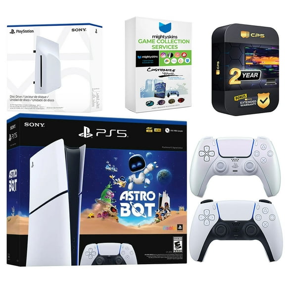 Sony PlayStation 5 Astro Bot Slim Digital Bundle with Disc Drive, Extra Controller, MightySkins Game Collection Services and 2 Year Extended Warranty - Chroma Pearl