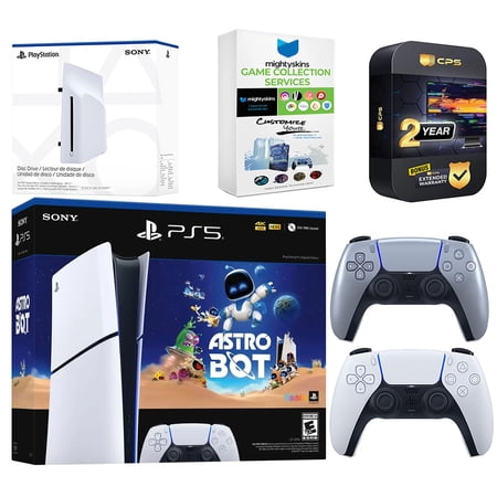 Sony PlayStation 5 Astro Bot Slim Digital Bundle with Disc Drive, Extra Controller, MightySkins Game Collection Services and 2 Year Extended Warranty - Sterling Silver