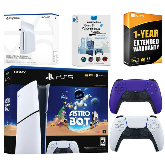 Sony PlayStation 5 Astro Bot Slim Digital Bundle with Disc Drive, Extra Controller, MightySkins Voucher and 1 Year Extended Warranty - Galactic Purple