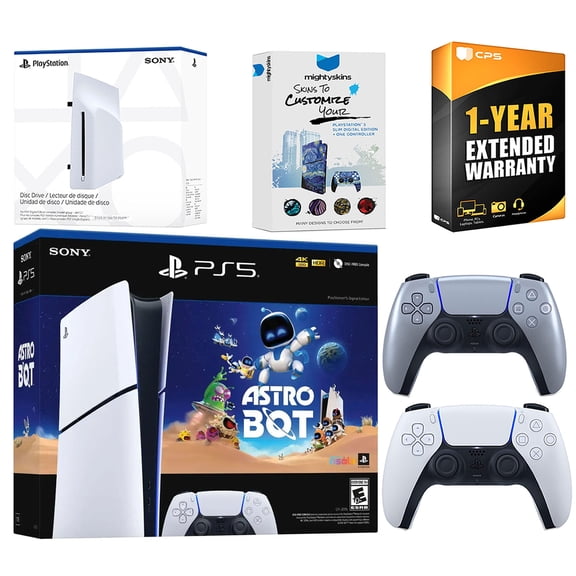 Sony PlayStation 5 Astro Bot Slim Digital Bundle with Disc Drive, Extra Controller, MightySkins Voucher and 1 Year Extended Warranty - Sterling Silver