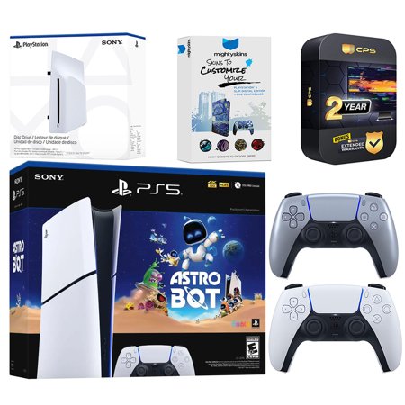 Sony PlayStation 5 Astro Bot Slim Digital Bundle with Disc Drive, Extra Controller, MightySkins Voucher and 2 Year Extended Warranty - Sterling Silver