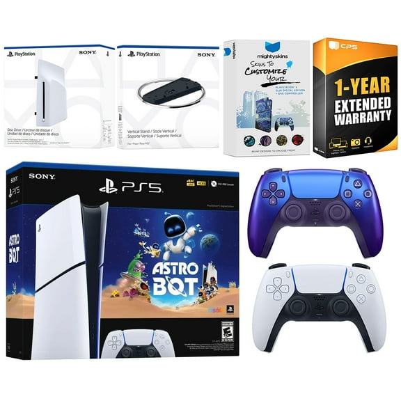 Sony PlayStation 5 Astro Bot Slim Digital Bundle with Disc Drive, Extra Controller, Vertical Stand, MightySkins Voucher and 1 Year Extended Warranty - Chroma Indigo
