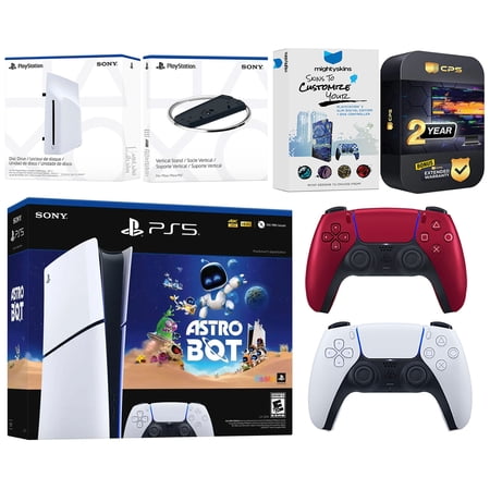 Sony PlayStation 5 Astro Bot Slim Digital Bundle with Disc Drive, Extra Controller, Vertical Stand, MightySkins Voucher and 2 Year Extended Warranty - Volcanic Red