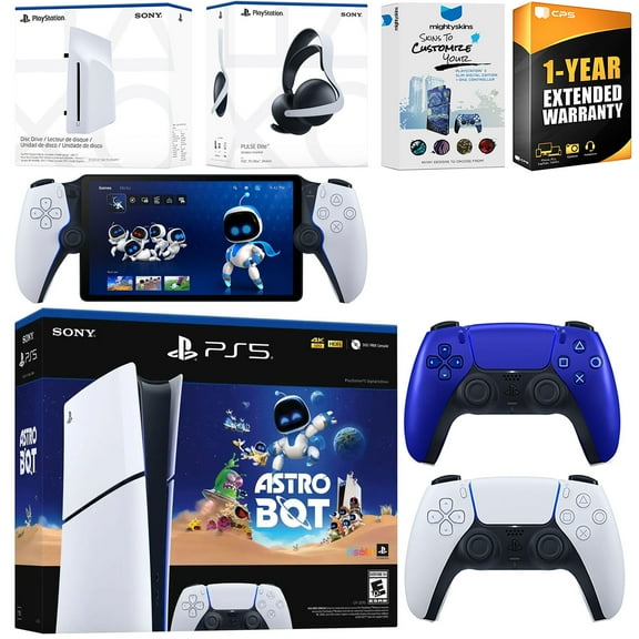 Sony PlayStation 5 Astro Bot Slim Digital Bundle with Disc Drive, Pulse Elite Headset, Extra Controller, PlayStation Portal, MightySkins Voucher and 1 Year Extended Warranty - Cobalt Blue