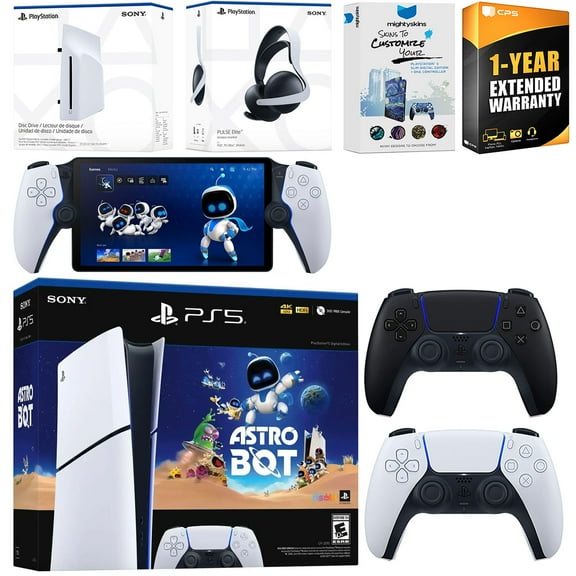 Sony PlayStation 5 Astro Bot Slim Digital Bundle with Disc Drive, Pulse Elite Headset, Extra Controller, PlayStation Portal, MightySkins Voucher and 1 Year Extended Warranty - Midnight Black