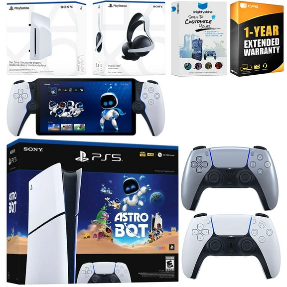 Sony PlayStation 5 Astro Bot Slim Digital Bundle with Disc Drive, Pulse Elite Headset, Extra Controller, PlayStation Portal, MightySkins Voucher and 1 Year Extended Warranty - Sterling Silver