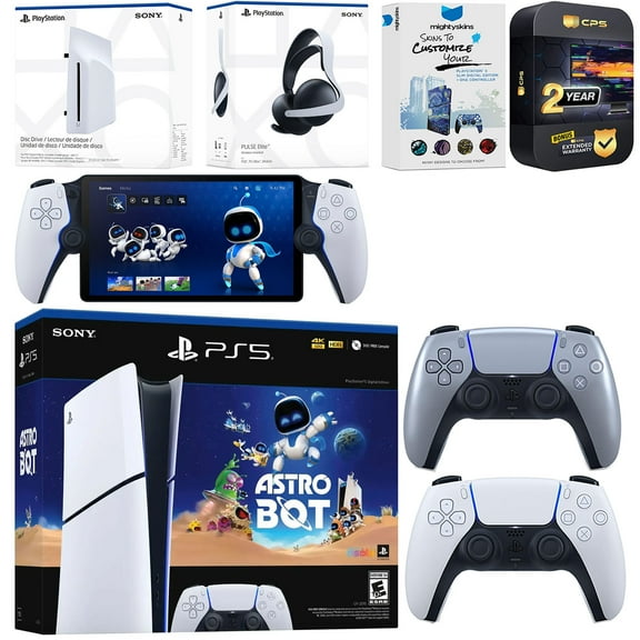 Sony PlayStation 5 Astro Bot Slim Digital Bundle with Disc Drive, Pulse Elite Headset, Extra Controller, PlayStation Portal, MightySkins Voucher and 2 Year Extended Warranty - Sterling Silver