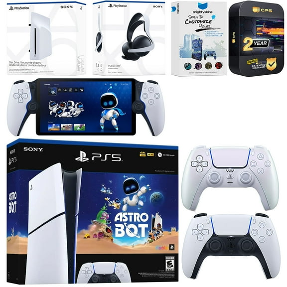 Sony PlayStation 5 Astro Bot Slim Digital Bundle with Disc Drive, Pulse Elite Headset, Extra Controller, PlayStation Portal, MightySkins Voucher and 2 Year Extended Warranty - Chroma Pearl