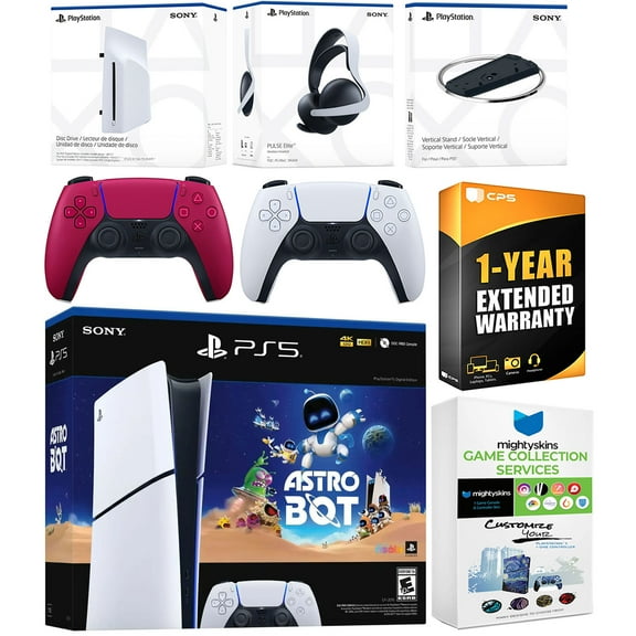 Sony PlayStation 5 Astro Bot Slim Digital Bundle with Disc Drive, Pulse Elite Headset, Extra Controller, Vertical Stand, MightySkins Game Collection Services and 1 Year Extended Warranty - Cosmic Red