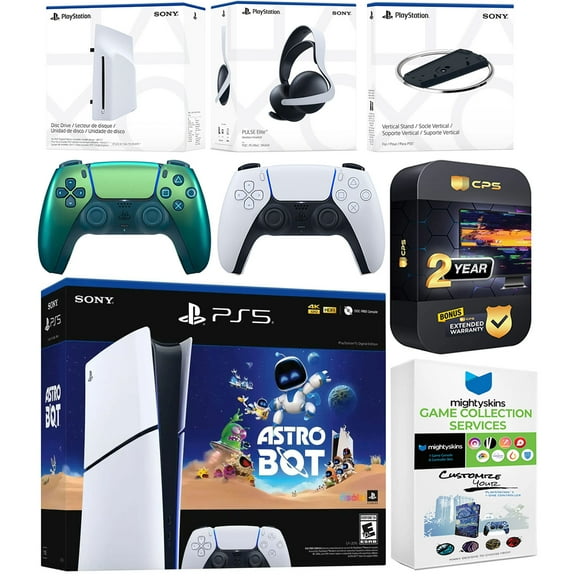 Sony PlayStation 5 Astro Bot Slim Digital Bundle with Disc Drive, Pulse Elite Headset, Extra Controller, Vertical Stand, MightySkins Game Collection Services and 2 Year Extended Warranty - Chroma Teal