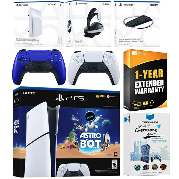 Sony PlayStation 5 Astro Bot Slim Digital Bundle with Disc Drive, Pulse Elite Headset, Extra Controller, Vertical Stand, MightySkins Voucher and 1 Year Extended Warranty - Cobalt Blue