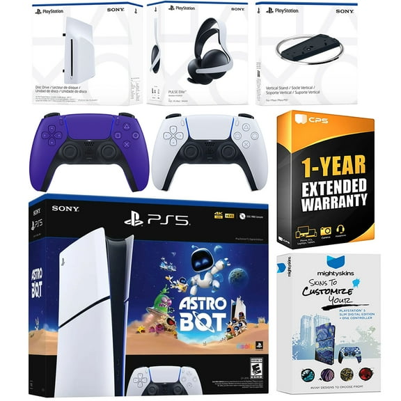 Sony PlayStation 5 Astro Bot Slim Digital Bundle with Disc Drive, Pulse Elite Headset, Extra Controller, Vertical Stand, MightySkins Voucher and 1 Year Extended Warranty - Galactic Purple
