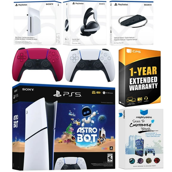 Sony PlayStation 5 Astro Bot Slim Digital Bundle with Disc Drive, Pulse Elite Headset, Extra Controller, Vertical Stand, MightySkins Voucher and 1 Year Extended Warranty - Cosmic Red