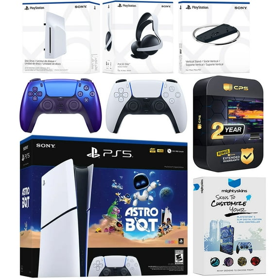 Sony PlayStation 5 Astro Bot Slim Digital Bundle with Disc Drive, Pulse Elite Headset, Extra Controller, Vertical Stand, MightySkins Voucher and 2 Year Extended Warranty - Chroma Indigo