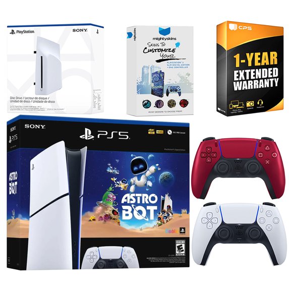 Sony PlayStation 5 Astro Bot Slim Digital Bundle with Disc Drive, Extra Controller, MightySkins Voucher and 1 Year Extended Warranty - Volcanic Red