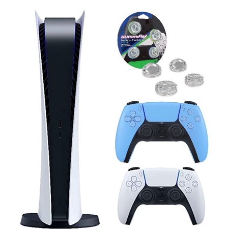Sony PlayStation 5 Console (PS5 Digital Console) Digital Version with Extra Starlight Blue Controller and "GummiFlex™" Pro Series Thumb Grips