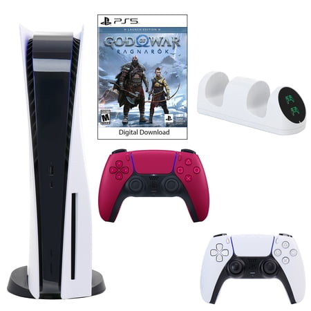 Sony PlayStation 5 Core Console with God of War: Ragnarok with Dual Charger and DualSense Controller in Cosmic Red