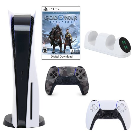 Sony PlayStation 5 Core Console with God of War: Ragnarok with Dual Charger and DualSense Controller in Grey Camo