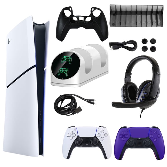 Sony PlayStation 5 Digital Console with Extra Purple Dualsense Controller and Accessories Kit (PS5, PlayStation Digital Version)