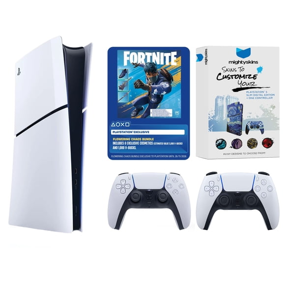 Sony PlayStation 5 Digital Fortnite Flowering Chaos Bundle with Extra Controller and MightySkins Code - Glacier White